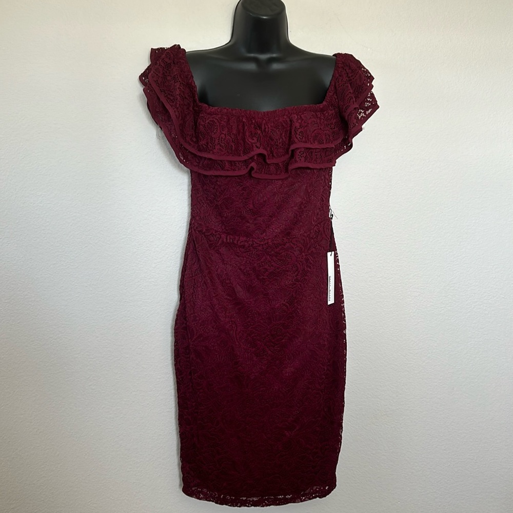 Haute Monde Maroon Burgundy Off The Shoulder Lace Mini Dress
